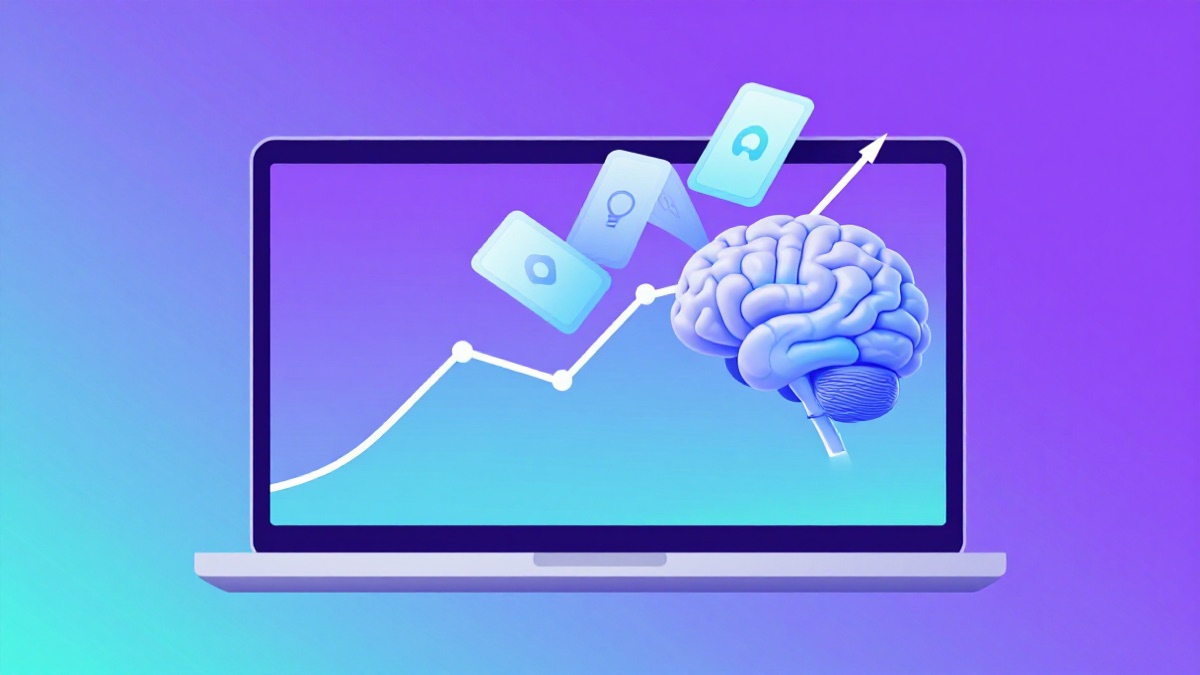Laptop with AI learning interface and flashcards flowing into memory
